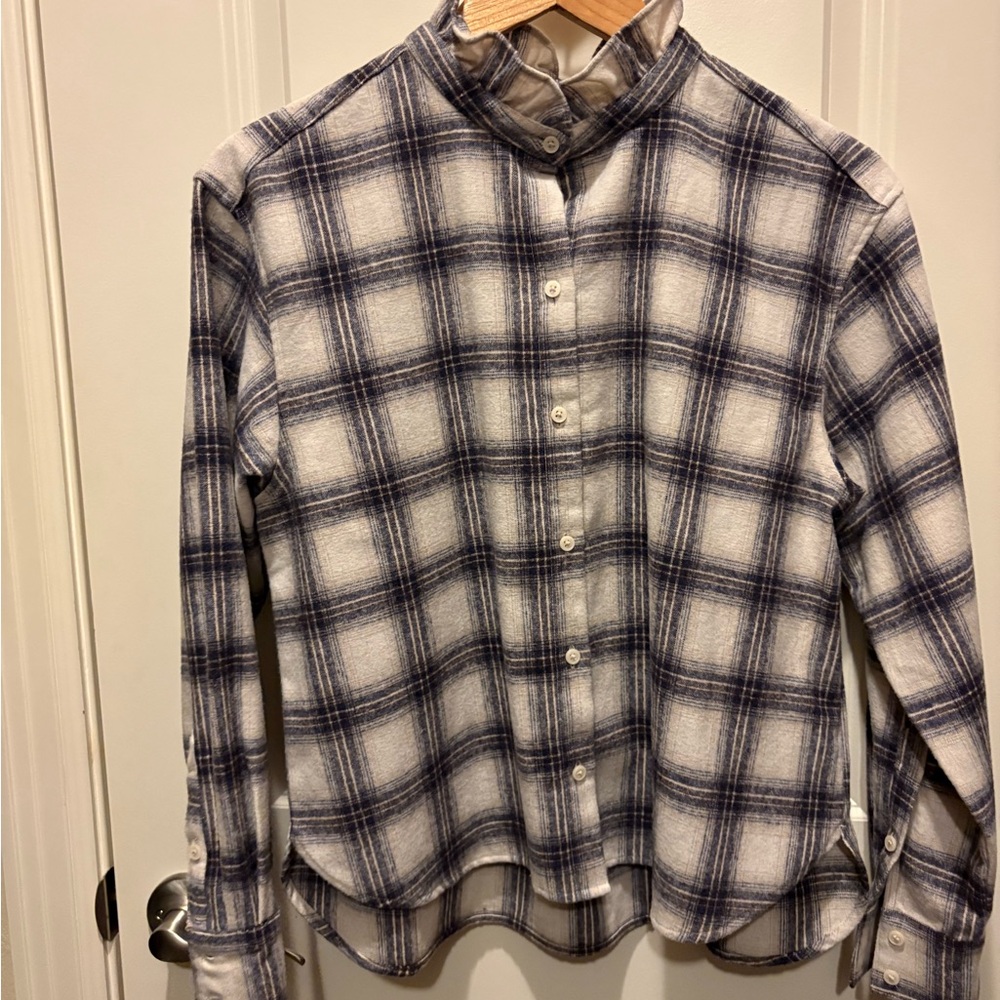 Banana Republic Ruffle Neck Plaid Wool Button-Down Shirt